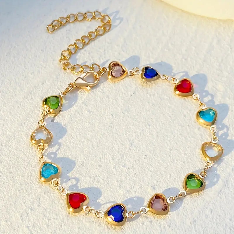 A Stylish Colorful Sparkling Zirconia Heart Bracelet Exquisitely Handmade Beaded Bracelet For Ladies And Girls, Suitable For Daily Parties